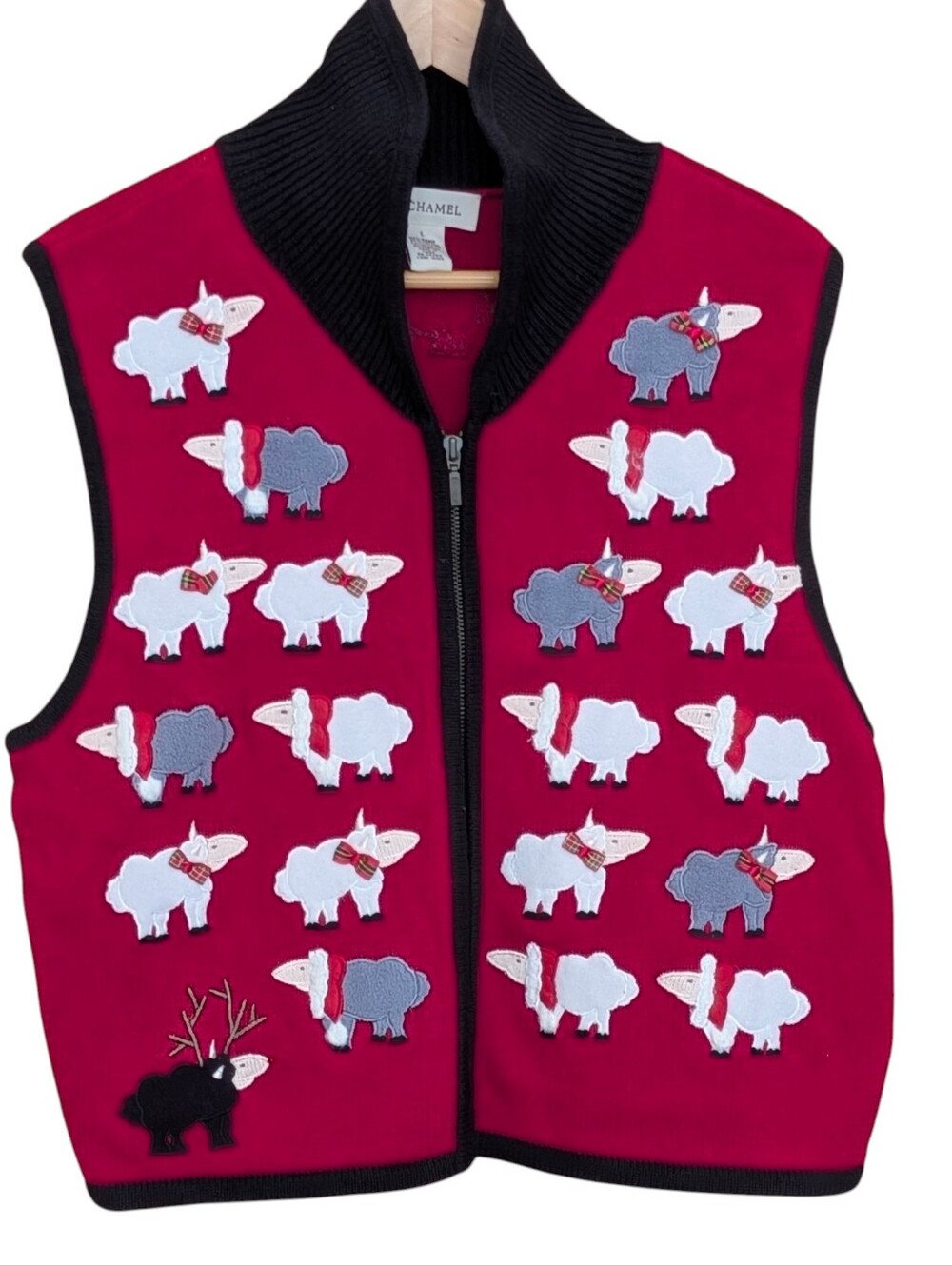 Bechamel Novelty Red Sheep Patch Zip-Up Knit Vest Sweater L Vintage Holiday Farm
